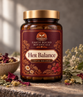 Earth Bound Botanicals Her Balance capsules in an amber-colored bottle with a gold-toned lid and burgundy Total Balance label.
