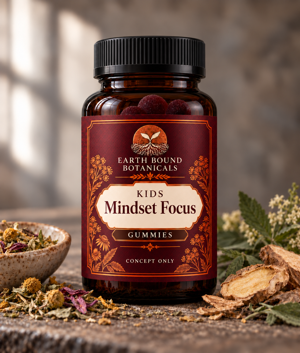 Earth Bound Botanicals amber-colored jar with a black cap and burgundy label reading Kids Mindset Focus Gummies and Concept Only.