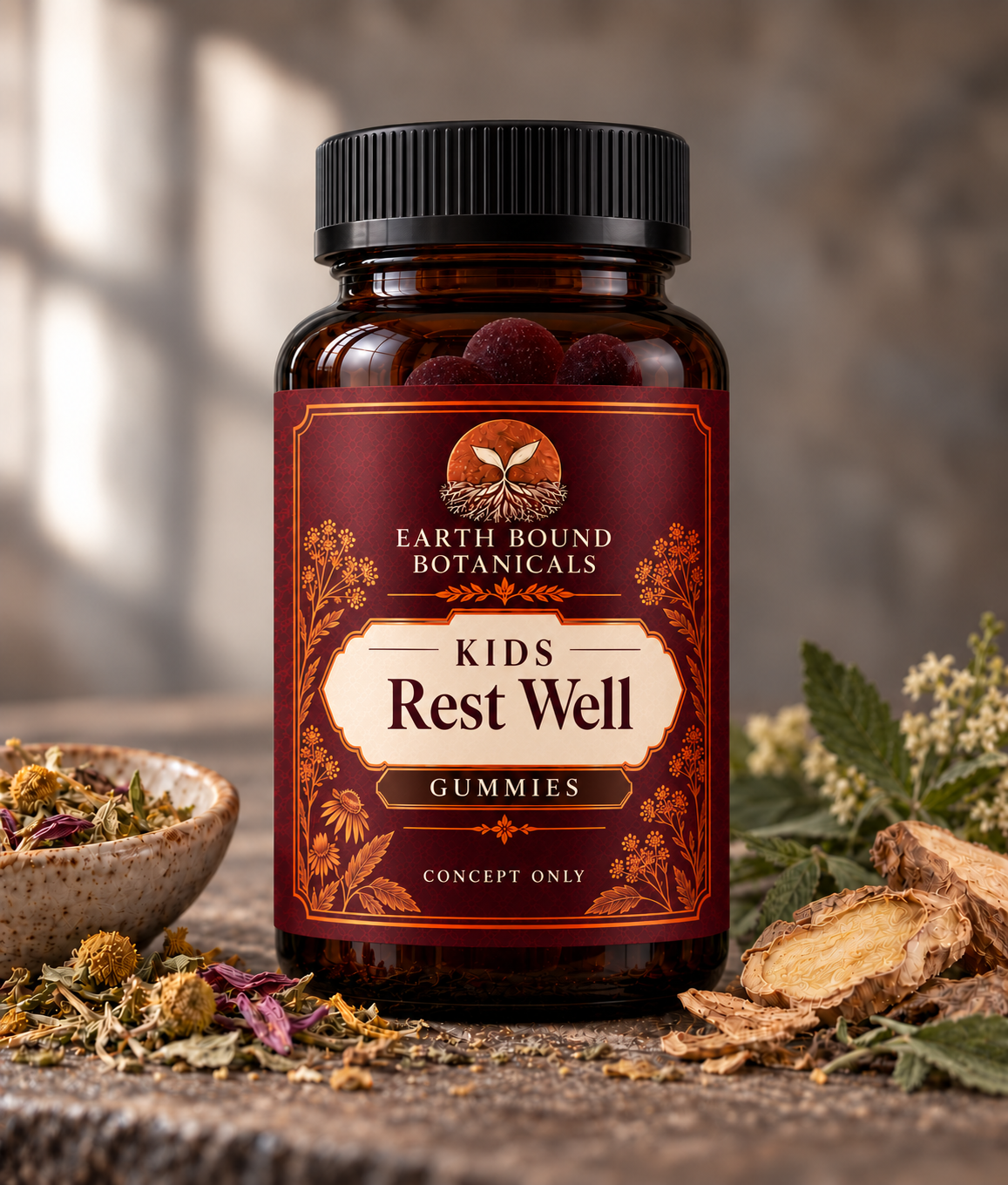 Earth Bound Botanicals amber-colored jar with black cap and burgundy label reading Kids Rest Well Gummies and Concept Only.