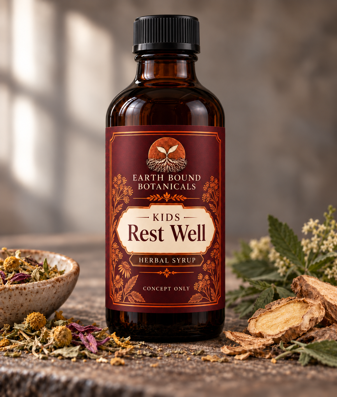 Earth Bound Botanicals amber-colored bottle with black cap and burgundy label reading Kids Rest Well Herbal Syrup and Concept Only.