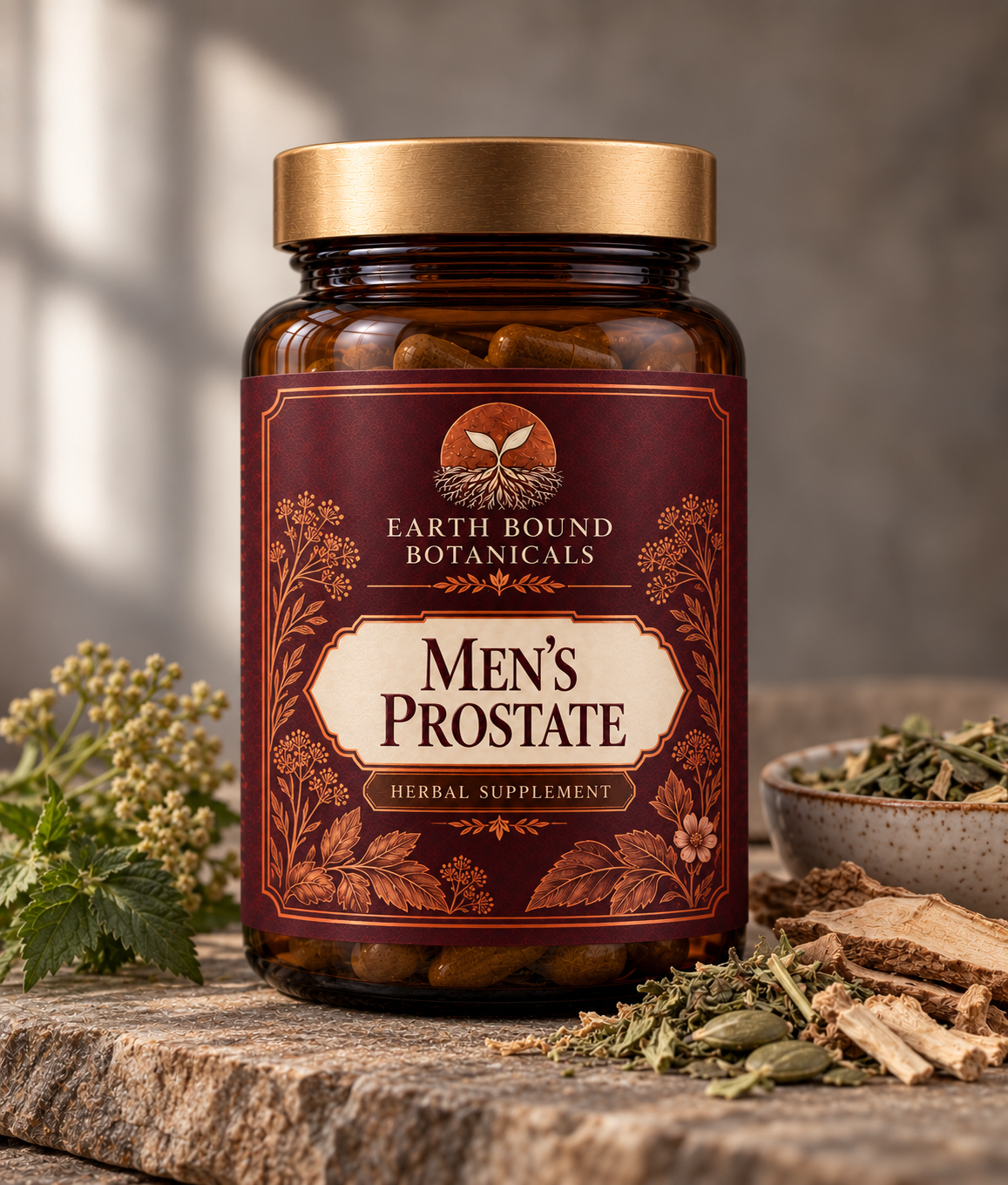 Earth Bound Botanicals Men’s Prostate Herbal Supplement capsules in an amber-colored jar with a gold-toned lid and burgundy botanical label.