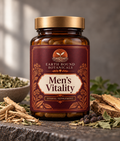 Earth Bound Botanicals Men’s Vitality Herbal Supplement capsules in an amber-colored jar with a gold-toned lid and burgundy botanical label.