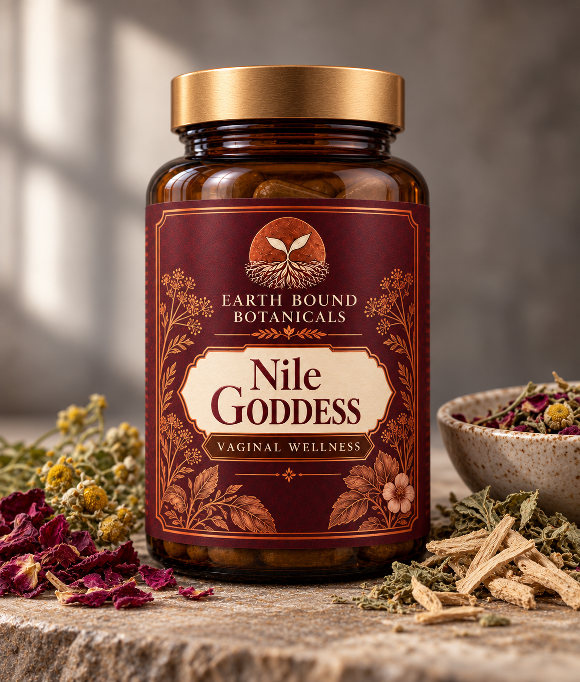 Earth Bound Botanicals Nile Goddess jar labeled Vaginal Wellness, with an amber-colored container, gold-toned lid, and burgundy botanical label.