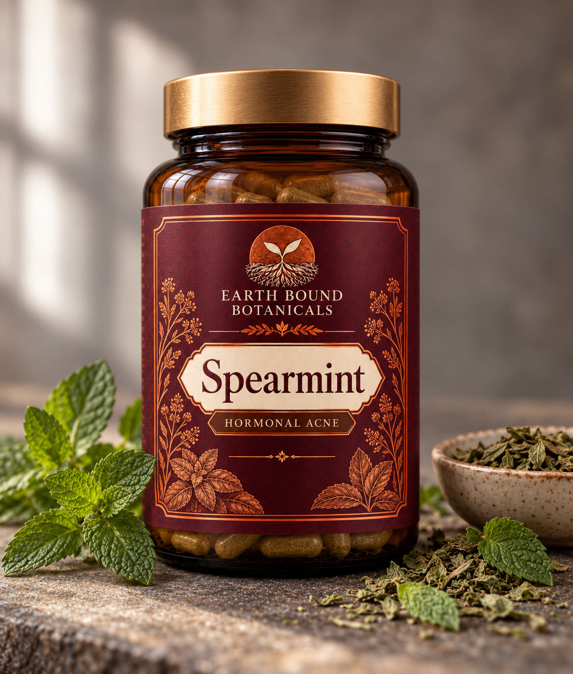 Earth Bound Botanicals Spearmint capsules in an amber-colored jar with a gold-toned lid and burgundy label bearing the words Hormonal Acne.